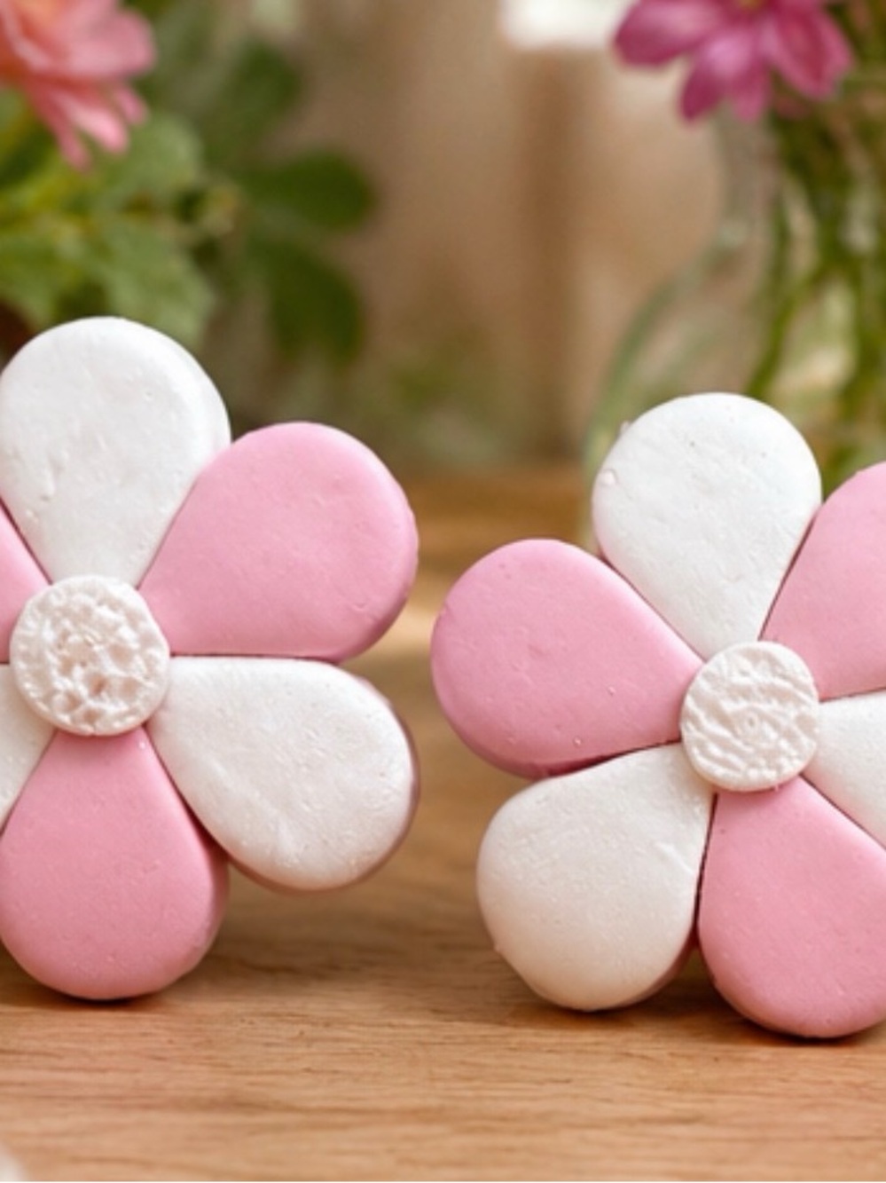 Pink & White Flower Handmade Polymer Clay Earrings